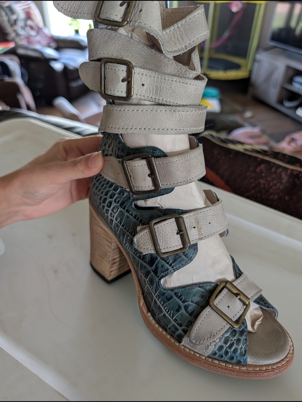 freebird Beige and Teal Croc-Embossed Strappy Block Heel Boots